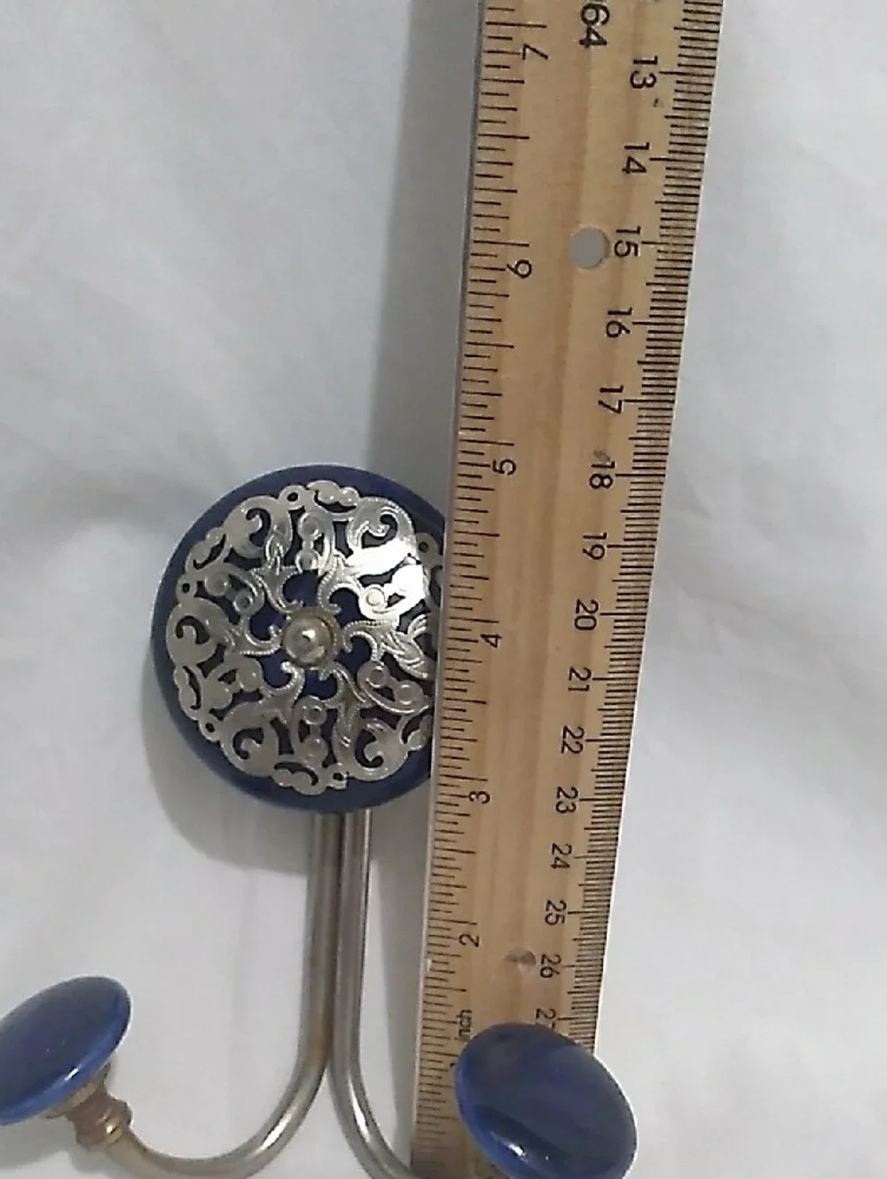 Blue Ceramic Double Wall Hook with Silver-tone Filigree (B3)